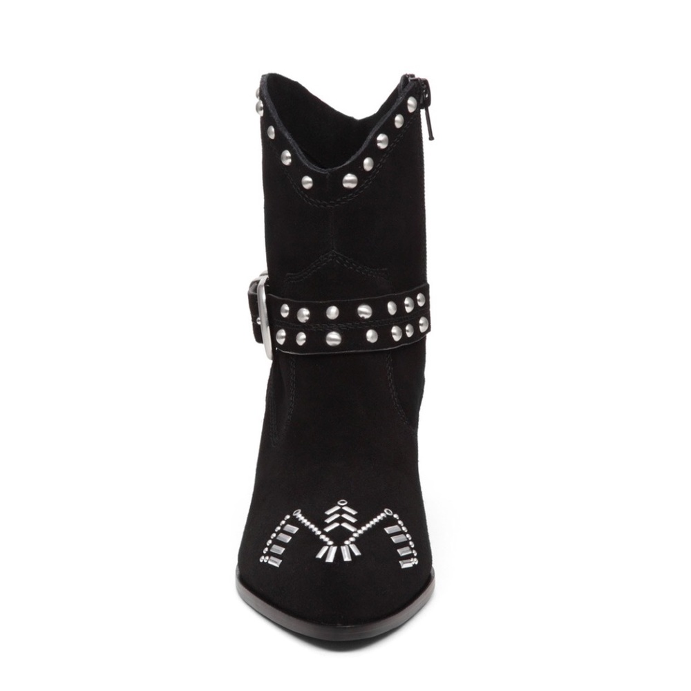 Black Cowboy Western Buckle Studded Suede Boots - Picture 3 of 4